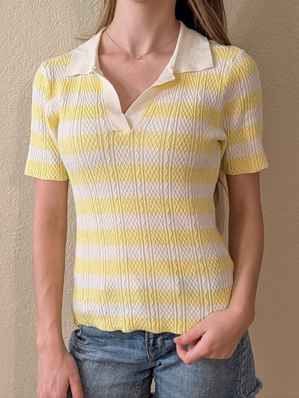 DownEast Light Yellow & White Striped Knit Polo Tee With Relaxed Open Collar